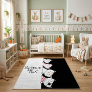 Relaxed Cat Trio Area Rug, Minimal Black White Feline Carpet, Funny Decor – angled room view