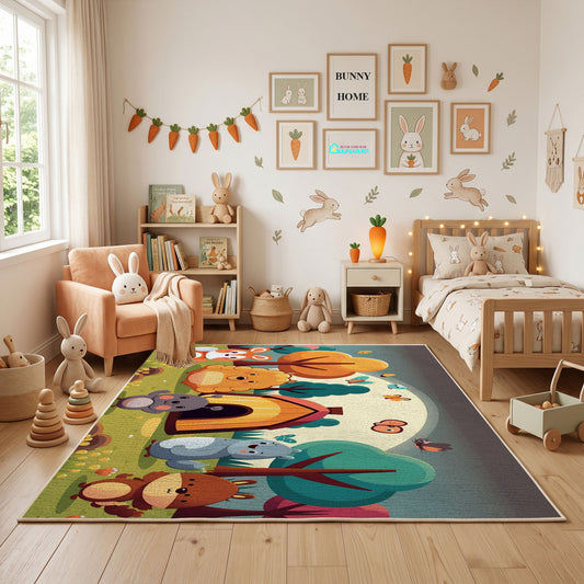 Colorful Creature Party Area Rug, Playful Cartoon Carpet, Kids Room Decor – full rug view