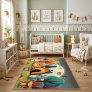 Colorful Creature Party Area Rug, Playful Cartoon Carpet, Kids Room Decor – pattern detail