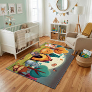 Colorful Creature Party Area Rug, Playful Cartoon Carpet, Kids Room Decor – living room view