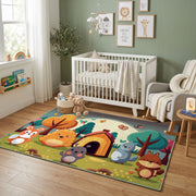 Colorful Creature Party Area Rug, Playful Cartoon Carpet, Kids Room Decor – design close-up