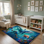 Blue Whale Ocean Area Rug, Underwater Animal Carpet, Calm Kids Room Decor – alternate room view