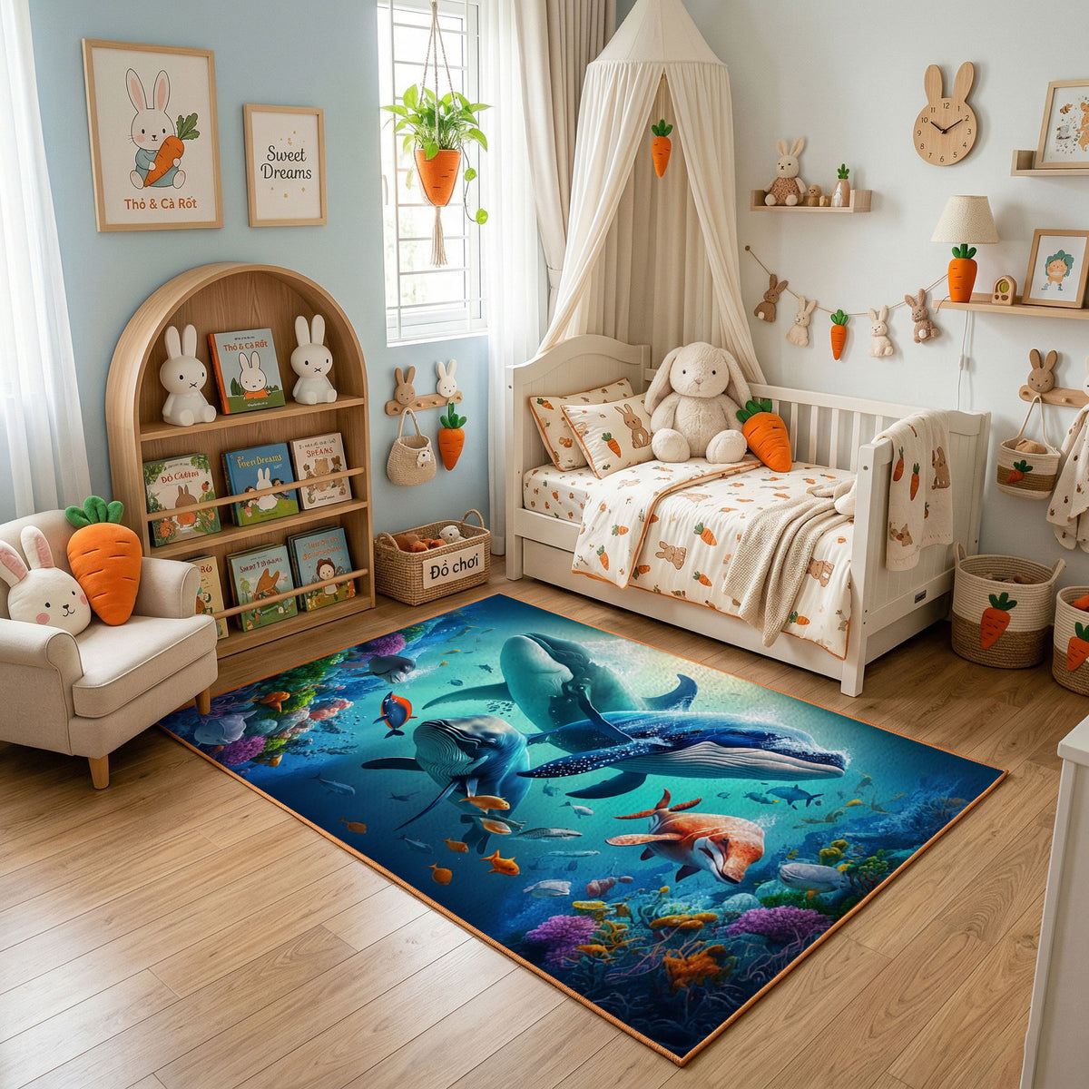 Blue Whale Ocean Area Rug, Underwater Animal Carpet, Calm Kids Room Decor – featured room view