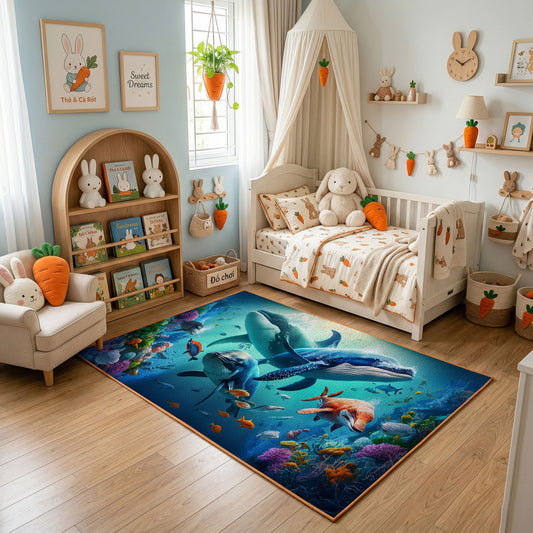 Blue Whale Ocean Area Rug, Underwater Animal Carpet, Calm Kids Room Decor – featured room view