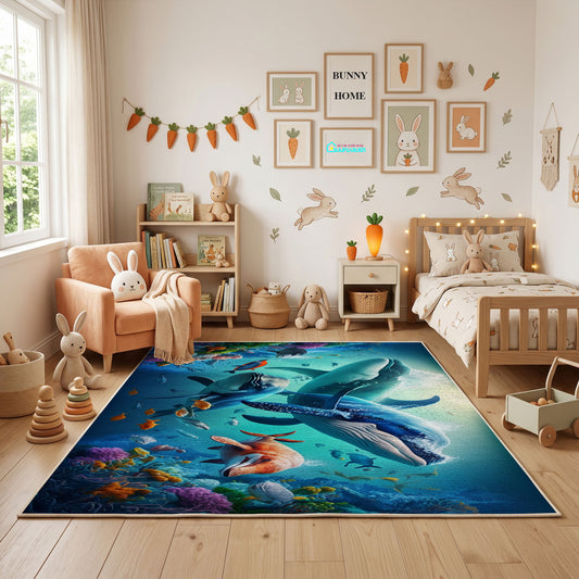 Blue Whale Ocean Area Rug, Underwater Animal Carpet, Calm Kids Room Decor – full rug view