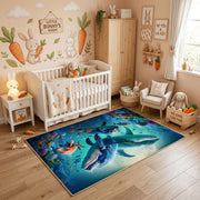 Blue Whale Ocean Area Rug, Underwater Animal Carpet, Calm Kids Room Decor – angled room view