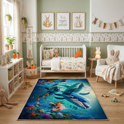Blue Whale Ocean Area Rug, Underwater Animal Carpet, Calm Kids Room Decor – pattern detail