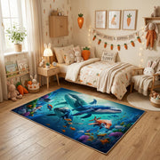 Blue Whale Ocean Area Rug, Underwater Animal Carpet, Calm Kids Room Decor – texture view
