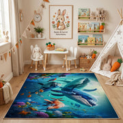 Blue Whale Ocean Area Rug, Underwater Animal Carpet, Calm Kids Room Decor – bedroom styling
