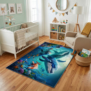 Blue Whale Ocean Area Rug, Underwater Animal Carpet, Calm Kids Room Decor – living room view