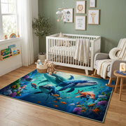 Blue Whale Ocean Area Rug, Underwater Animal Carpet, Calm Kids Room Decor – design close-up