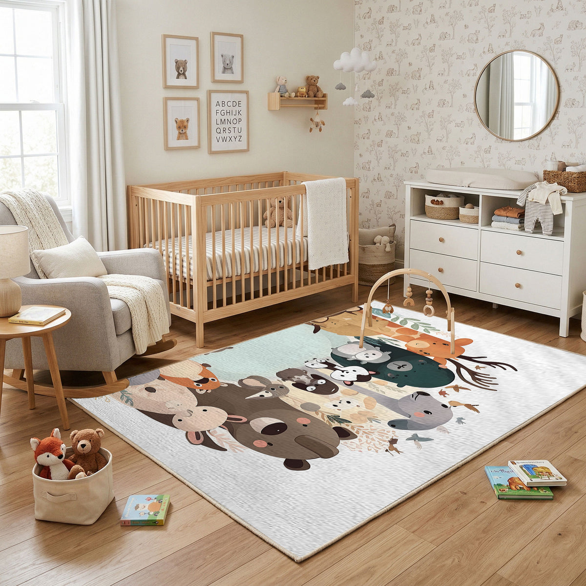 Stacked Cat Family Area Rug, Cute Gray Feline Carpet, Nursery Decor – featured room view