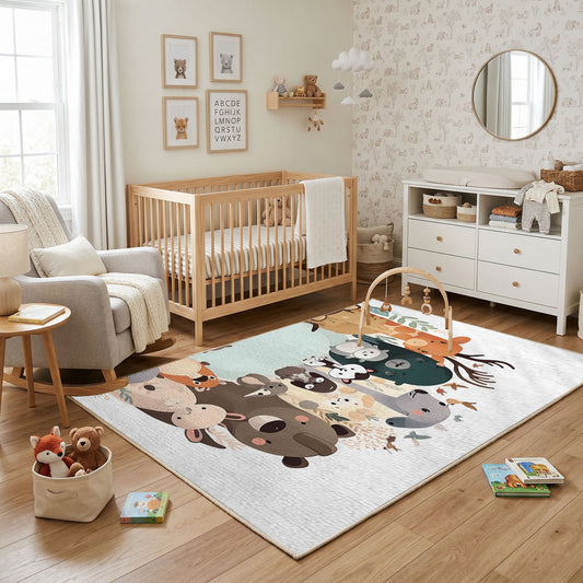 Stacked Cat Family Area Rug, Cute Gray Feline Carpet, Nursery Decor – featured room view