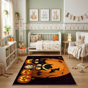 Black Cat Pumpkin Area Rug, Orange Halloween Animal Carpet, Spooky Decor – featured room view