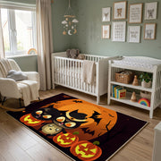 Black Cat Pumpkin Area Rug, Orange Halloween Animal Carpet, Spooky Decor – alternate room view