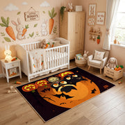 Black Cat Pumpkin Area Rug, Orange Halloween Animal Carpet, Spooky Decor – angled room view