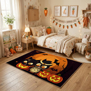 Black Cat Pumpkin Area Rug, Orange Halloween Animal Carpet, Spooky Decor – pattern detail