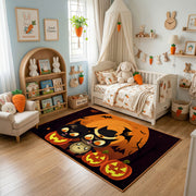 Black Cat Pumpkin Area Rug, Orange Halloween Animal Carpet, Spooky Decor – texture view