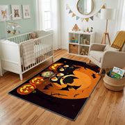 Black Cat Pumpkin Area Rug, Orange Halloween Animal Carpet, Spooky Decor – living room view