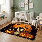 Black Cat Pumpkin Area Rug, Orange Halloween Animal Carpet, Spooky Decor – design close-up