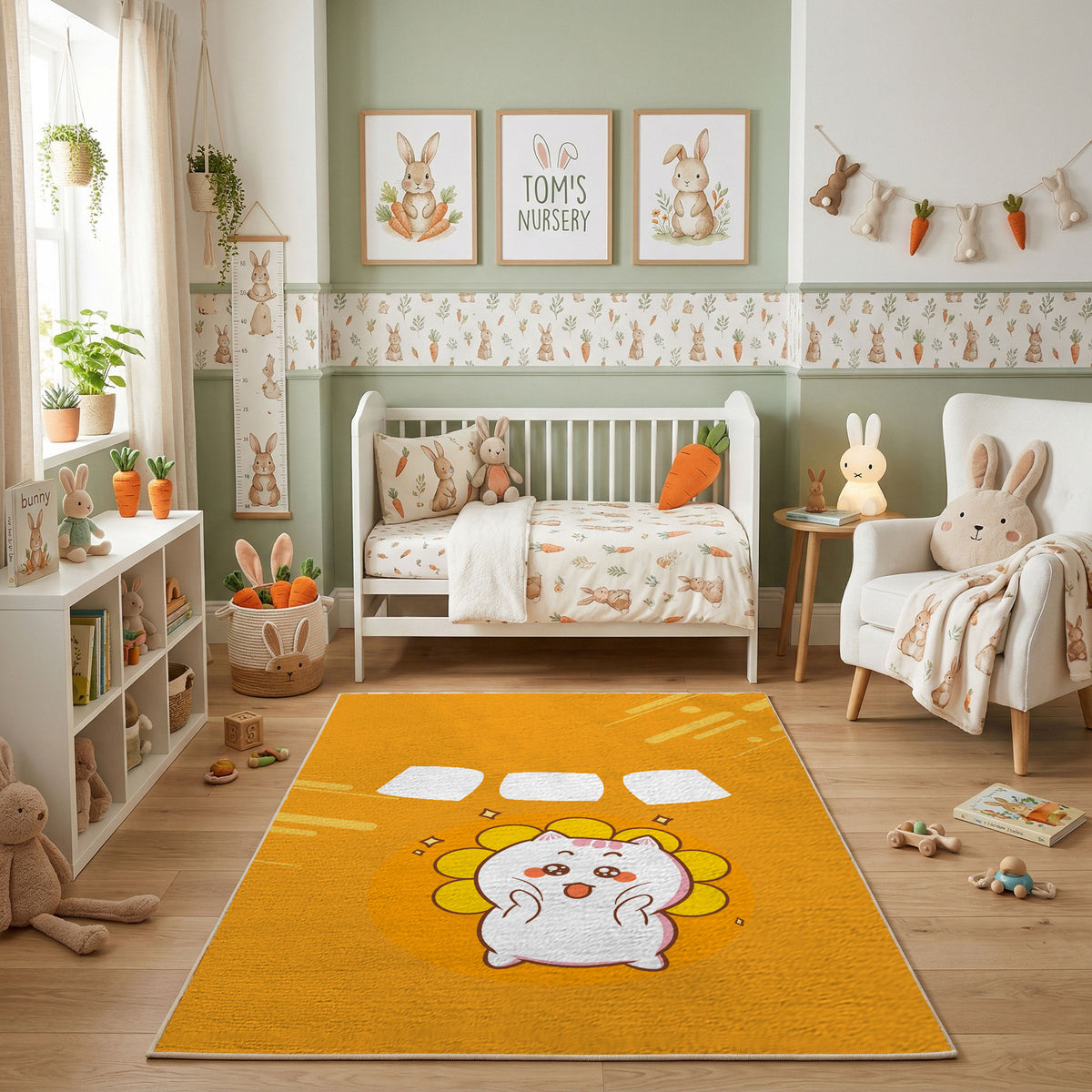 Cute White Cat Area Rug, Warm Yellow Minimal Feline Carpet, Nursery Decor – featured room view