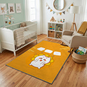 Cute White Cat Area Rug, Warm Yellow Minimal Feline Carpet, Nursery Decor – living room view