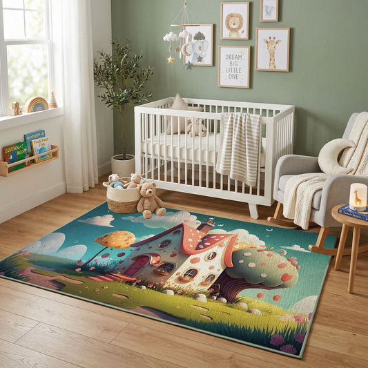 Spooky Cat Portrait Area Rug, Teal Halloween Feline Carpet, Gothic Decor – featured room view