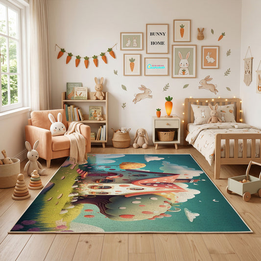 Spooky Cat Portrait Area Rug, Teal Halloween Feline Carpet, Gothic Decor – full rug view