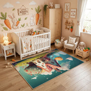Spooky Cat Portrait Area Rug, Teal Halloween Feline Carpet, Gothic Decor – angled room view