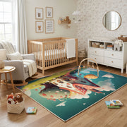 Spooky Cat Portrait Area Rug, Teal Halloween Feline Carpet, Gothic Decor – living room view