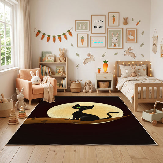 Moon Silhouette Cat Area Rug, Minimal Black Feline Carpet, Gothic Decor – full rug view