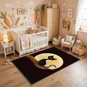 Moon Silhouette Cat Area Rug, Minimal Black Feline Carpet, Gothic Decor – angled room view