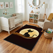 Moon Silhouette Cat Area Rug, Minimal Black Feline Carpet, Gothic Decor – living room view