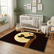 Moon Silhouette Cat Area Rug, Minimal Black Feline Carpet, Gothic Decor – design close-up