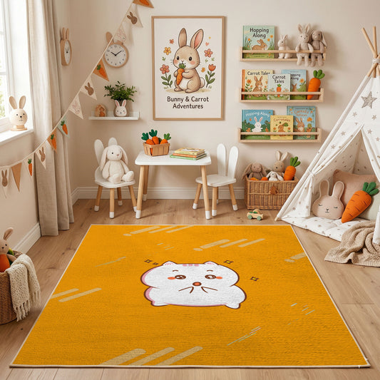 Cute White Cat Face Area Rug, Golden Yellow Feline Carpet, Nursery Decor – featured room view