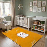Cute White Cat Face Area Rug, Golden Yellow Feline Carpet, Nursery Decor – alternate room view