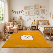 Cute White Cat Face Area Rug, Golden Yellow Feline Carpet, Nursery Decor – full rug view