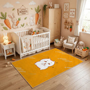 Cute White Cat Face Area Rug, Golden Yellow Feline Carpet, Nursery Decor – angled room view