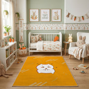Cute White Cat Face Area Rug, Golden Yellow Feline Carpet, Nursery Decor – pattern detail