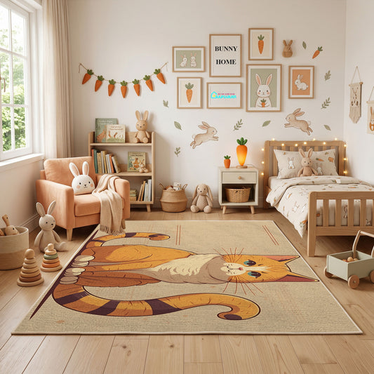 Sleepy Orange Cat Area Rug, Cozy Illustrated Feline Carpet, Bedroom Decor – featured room view