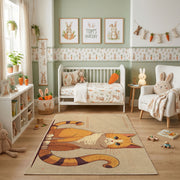 Sleepy Orange Cat Area Rug, Cozy Illustrated Feline Carpet, Bedroom Decor – angled room view