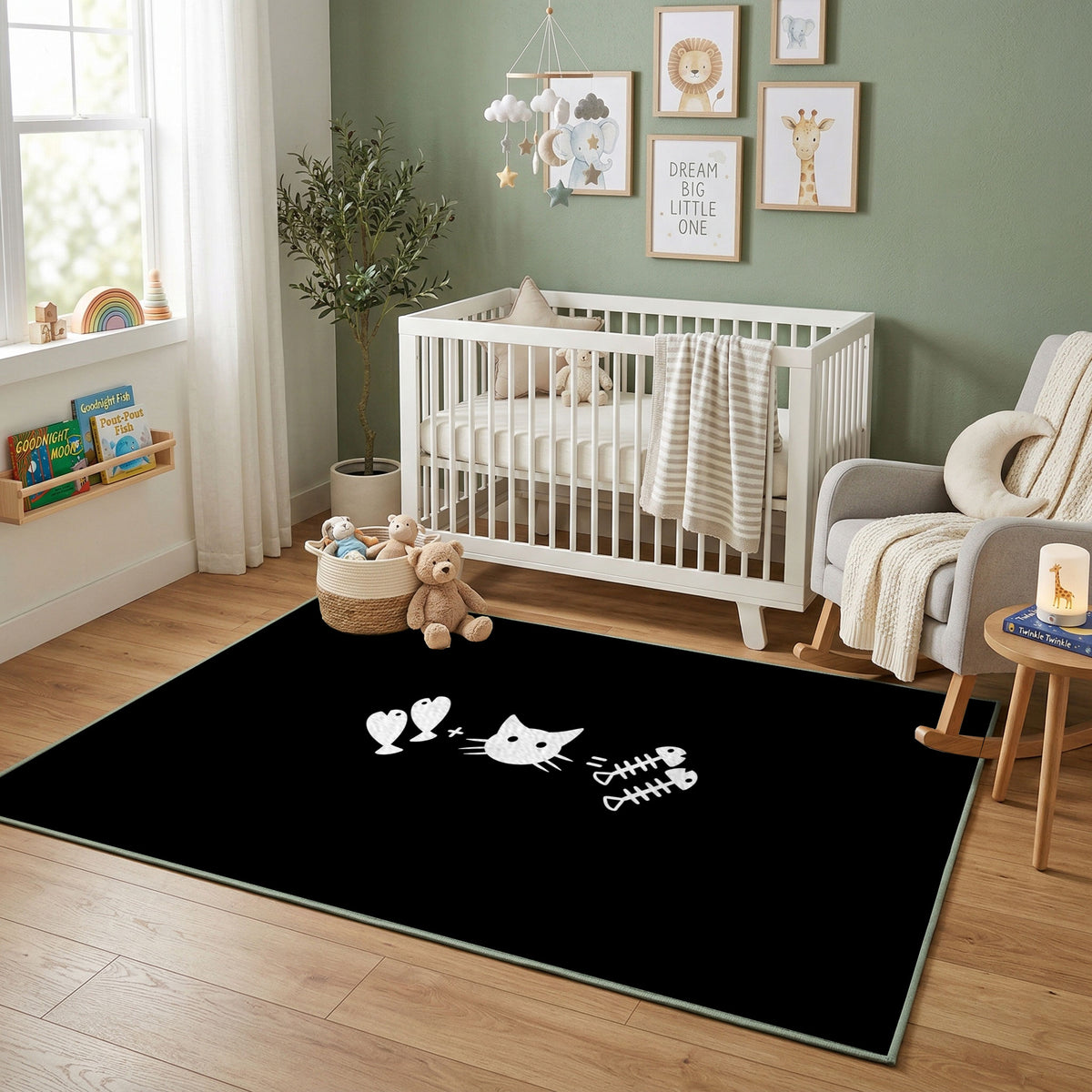 Minimal Black Cat Area Rug, Small White Feline Graphic Carpet, Modern Decor – featured room view