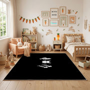 Minimal Black Cat Area Rug, Small White Feline Graphic Carpet, Modern Decor – full rug view