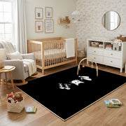 Minimal Black Cat Area Rug, Small White Feline Graphic Carpet, Modern Decor – living room view