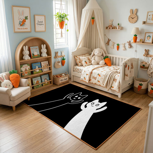 Black and White Cat Portrait Area Rug, Minimal Feline Carpet, Modern Decor – featured room view