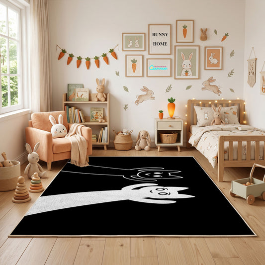 Black and White Cat Portrait Area Rug, Minimal Feline Carpet, Modern Decor – full rug view