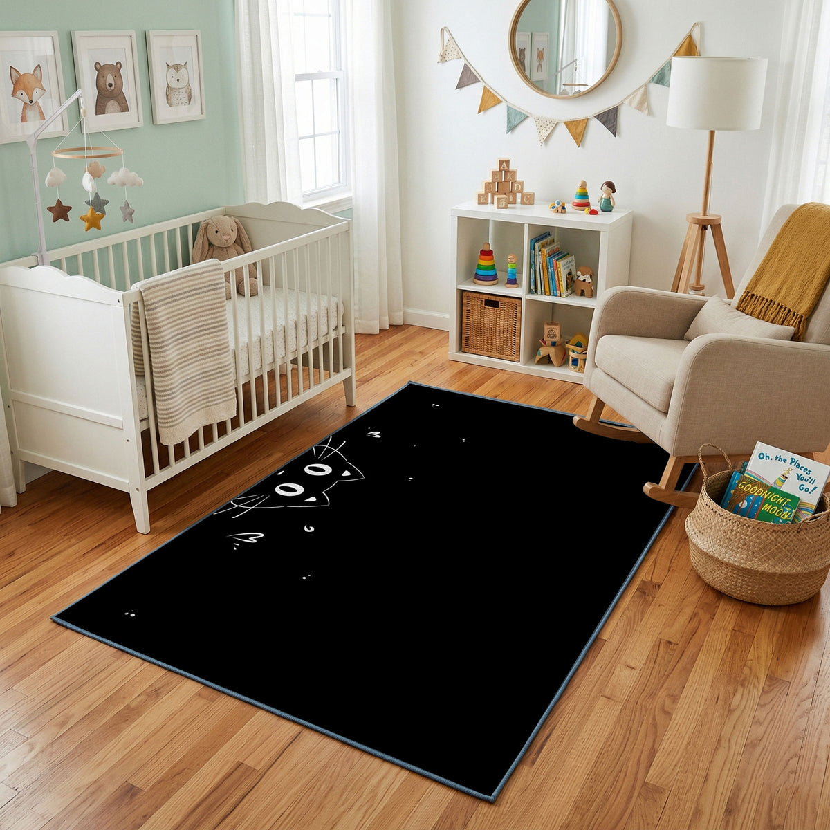 Stargazing Black Cat Area Rug, Dark Night Feline Carpet, Cozy Room Decor – featured room view
