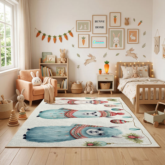 Cute Cat Friends Area Rug, Soft Blue Feline Carpet, Nursery Room Decor – full rug view