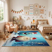 Winter Cat Portrait Area Rug, Blue Snowy Feline Carpet, Cozy Decor – full rug view