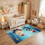Winter Cat Portrait Area Rug, Blue Snowy Feline Carpet, Cozy Decor – angled room view